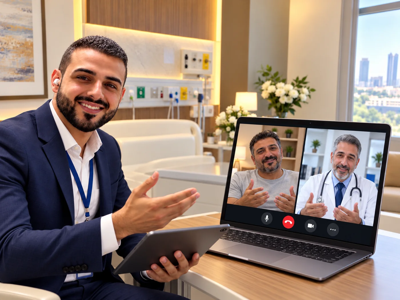 صورة توضيحية لمترجم الهلال الأزرق داخل مستشفى يتواصل عبر فيديو مع مريض وطبيب اختصاصي