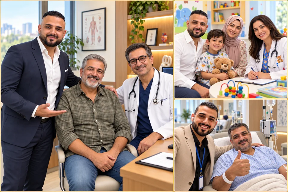Illustrative Blue Crescent care and interpretation scenes in a hospital setting